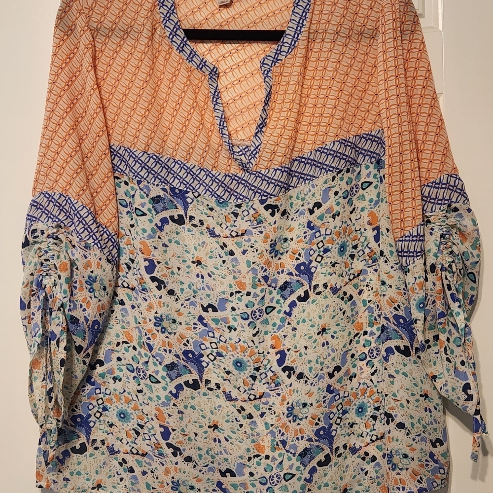 DB Established 1962 Orange and Blue Women's Blouse With 3/4 Sleeves Size L